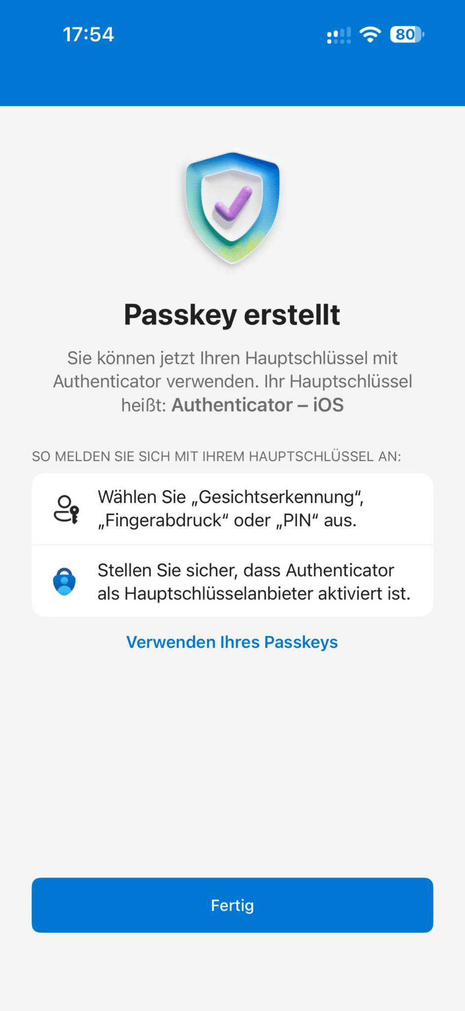 Microsoft Authenticator auf dem iPhone: Passkey erstellt, Authenticator – iOS, Schaltfläche Fertig